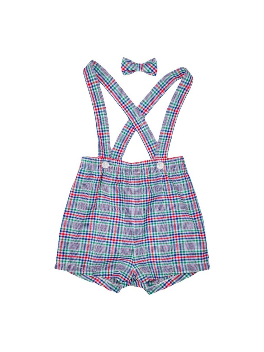 Vintage Plaid Suspender Shorts Romper Outfit + Matching Bow Tie 18m / 24m